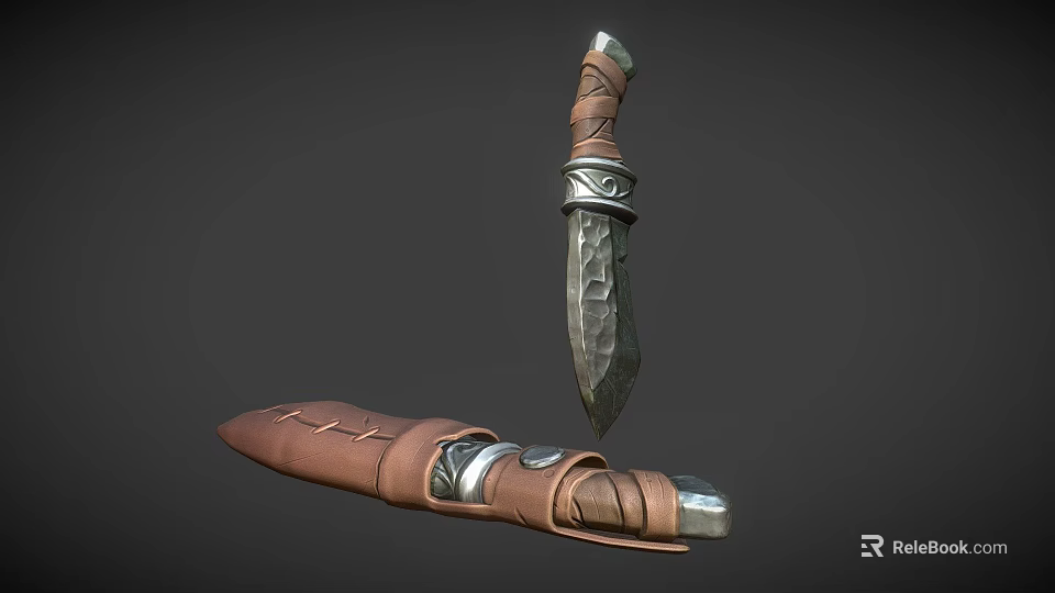 3D Model Knife with Textured Blade Brown Leather Wrapped Handle and Sheath with Metal Accents 3d model 