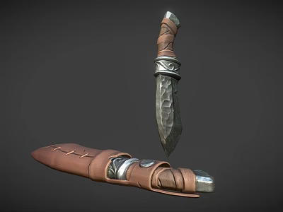 3D Model Knife with Textured Blade Brown Leather Wrapped Handle and Sheath with Metal Accents 3d model