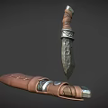3D Model Knife with Textured Blade Brown Leather Wrapped Handle and Sheath with Metal Accents