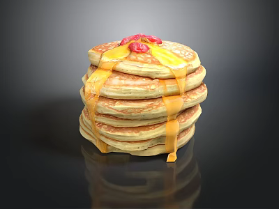 Tasty Stacked Pancakes Topped with Drizzling Syrup and Fresh Red Berries 3d model
