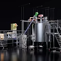 Industrial Equipment Setup With Large Stainless Steel Tank Pipes Stairs And Green Robotic Arm