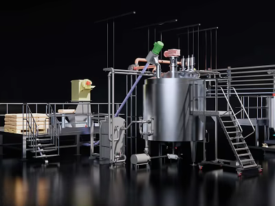 Industrial Equipment Setup With Large Stainless Steel Tank Pipes Stairs And Green Robotic Arm 3d model