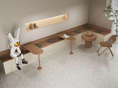 Modern Public Seating With Wooden Benches Soft Cushions And Side Tables In Lounge Area 3d model
