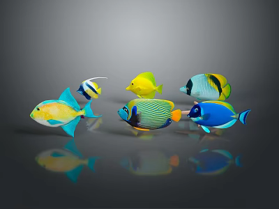 Colorful Tropical Fish in Vibrant Yellow Blue Green Hues on Gray Background with Clear Reflections 3d model
