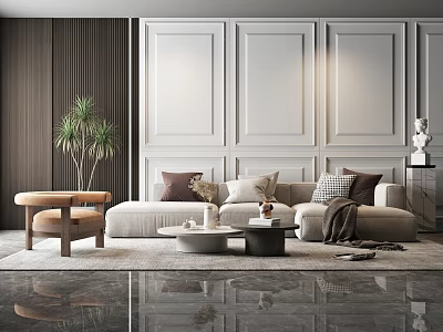 Modern Sofa And Coffee Table Set With Multiple Cushions Green Plant And White Paneled Wall 3d model