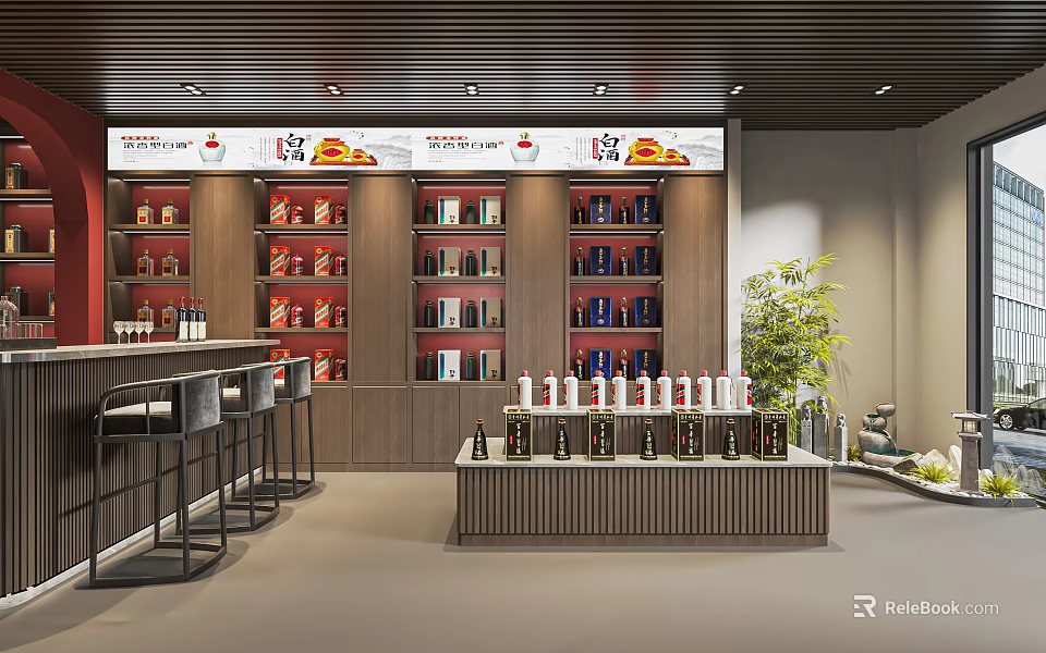 Tobacco and Liquor Store Interior With Shelves Alcohol Tobacco Products Bar Counter and Green Plants 3d model 