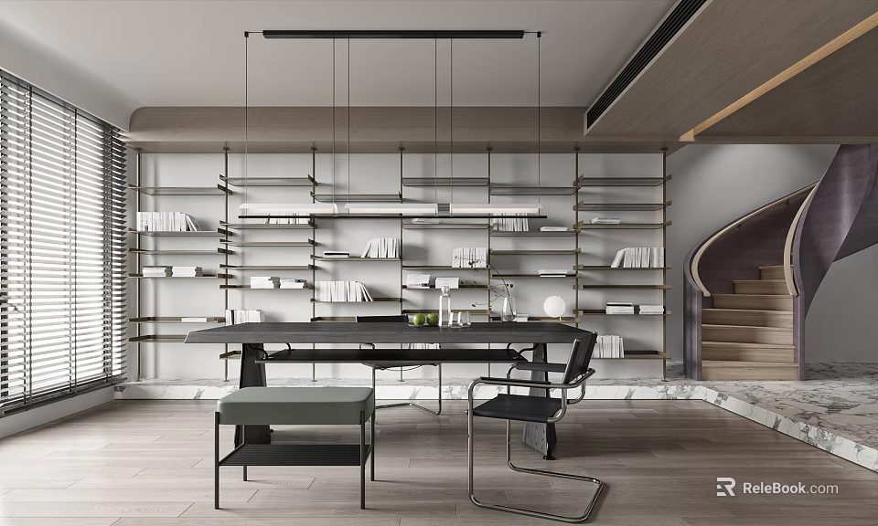 Modern Study Room With Hanging Lights Bookshelves Desk And Chairs 3d model 