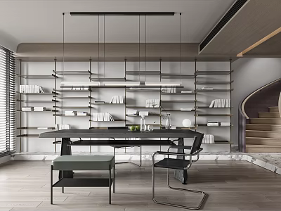 Modern Study Room With Hanging Lights Bookshelves Desk And Chairs 3d model