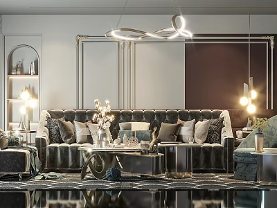 Luxurious Modern Living Room Interior With Velvet Sofa Geometric Chandelier And Coffee Table 3d model