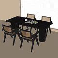 Modern Black Dining Table And Woven Chairs Set With Natural Light From Window 3d model