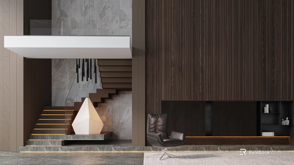 Modern Wooden Staircase Design With Marble Floor Leather Chair And Hanging Lights 3d model 