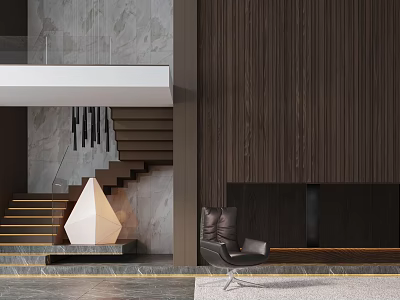Modern Wooden Staircase Design With Marble Floor Leather Chair And Hanging Lights 3d model