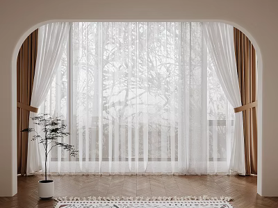 Elegant Room Interior With Arched Doorway White Sheer Brown Curtains Wooden Floor Green Plant Rug 3d model