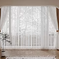Elegant Room Interior With Arched Doorway White Sheer Brown Curtains Wooden Floor Green Plant Rug