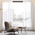 White Modern Curtains Decor Living Room Window with Lounge Chair Small Table and Floor Lamp