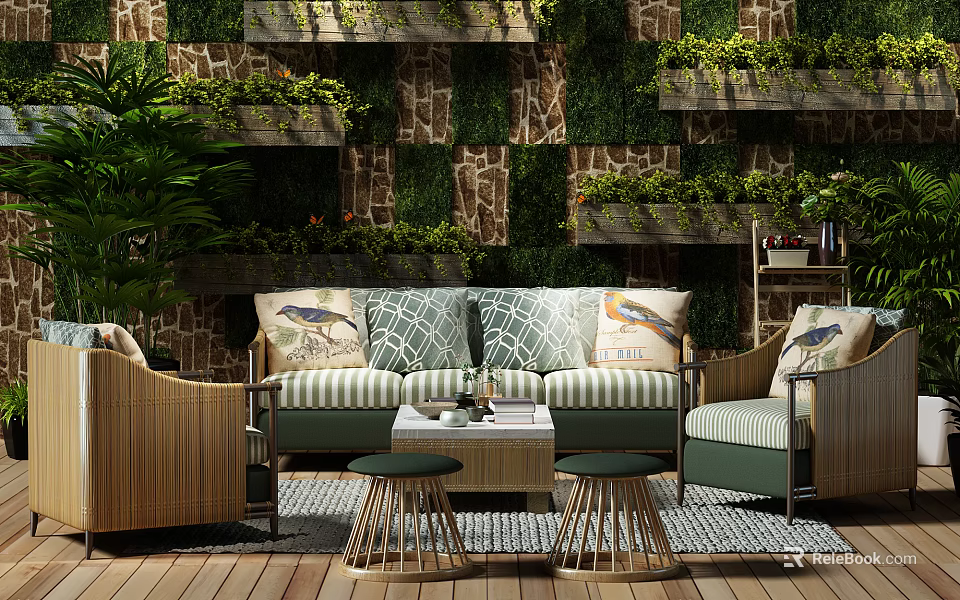 Outdoor Rattan Sofa Coffee Table Set With Striped Cushions And Vertical Greenery Wall 3d model 