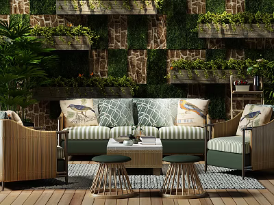 Outdoor Rattan Sofa Coffee Table Set With Striped Cushions And Vertical Greenery Wall 3d model