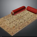 Beige Area Carpet With Intricate Floral Pattern And Red Decorative Rolls On Top