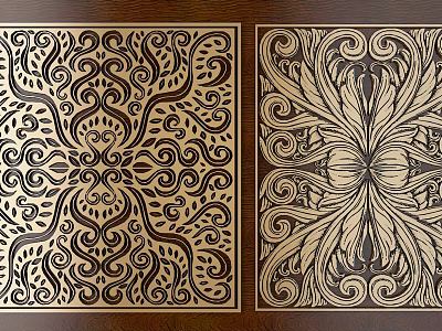 Intricate Carved Patterns With Symmetrical Floral And Scroll Designs On Wooden Panels 3d model
