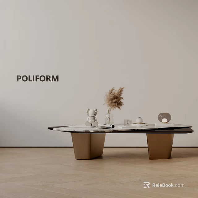 POLIFORM Sofa and Coffee Table Set with Marble Top and Golden Base Decorative Items 3d model