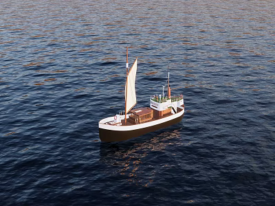 Classic Sailboat With White Sail And Brown Hull On Calm Blue Water 3d model