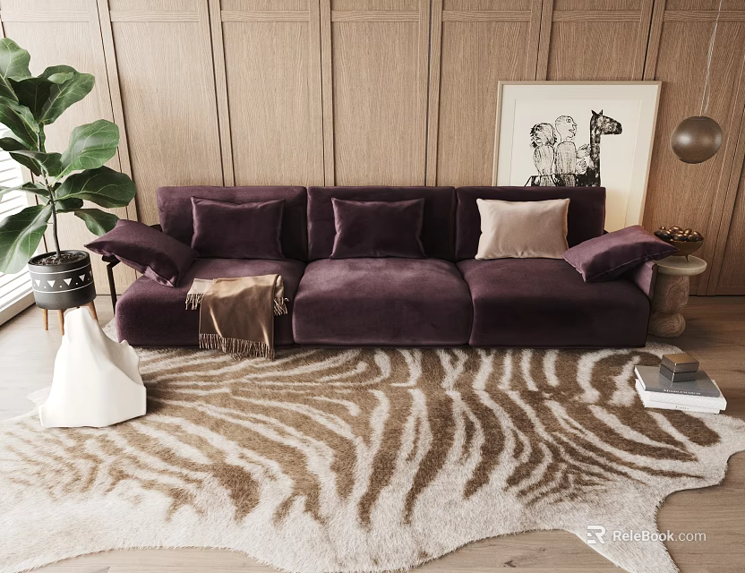Plum Colored Three Seater Sofa With Cushions On Zebra Patterned Rug Wooden Wall Background 3d model 