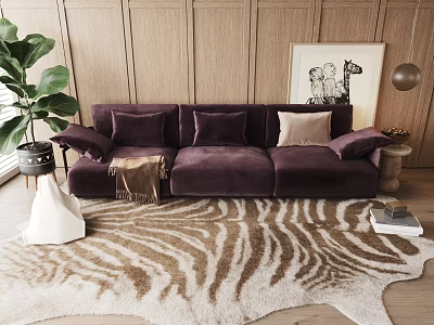 Plum Colored Three Seater Sofa With Cushions On Zebra Patterned Rug Wooden Wall Background 3d model
