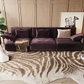 Plum Colored Three Seater Sofa With Cushions On Zebra Patterned Rug Wooden Wall Background