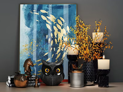 Modern Ornaments Combination Owl Candle Decorative Painting Jewelry Pendulum 3d model