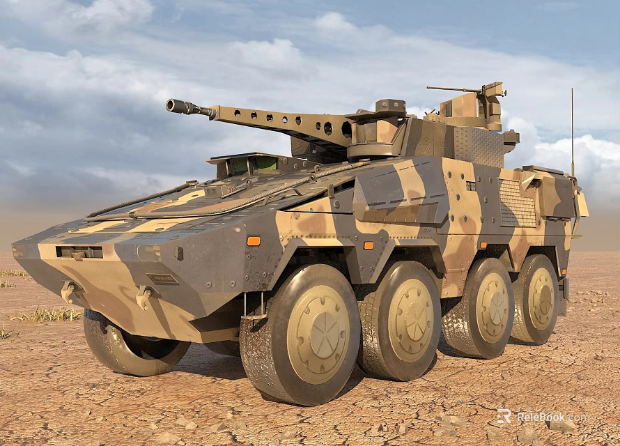 Armored Wheeled Military Tank With Camouflage Paint And Turret Cannon In Desert 3d model 