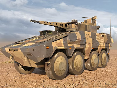 Armored Wheeled Military Tank With Camouflage Paint And Turret Cannon In Desert 3d model
