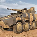 Armored Wheeled Military Tank With Camouflage Paint And Turret Cannon In Desert