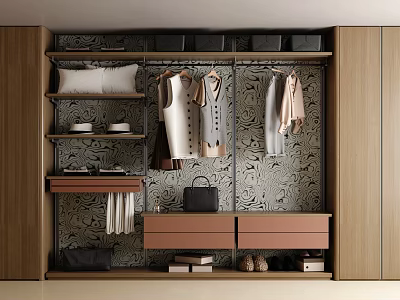 Modern Wooden Wardrobe Interior With Hanging Clothes Shelves Drawers Shoes Books And Patterned Wallpaper 3d model
