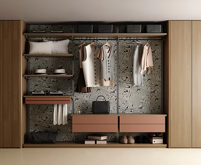 Modern Wooden Wardrobe Interior With Hanging Clothes Shelves Drawers Shoes Books And Patterned Wallpaper 3d model