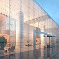 Bright Modern Hotel Lobby With Glass Facade Columns Interior And Sofa