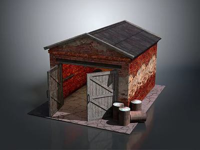 Cartoon Scene of Brick Shed with Dark Roof Open Wooden Doors and Metal Barrels 3d model