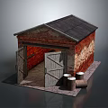 Cartoon Scene of Brick Shed with Dark Roof Open Wooden Doors and Metal Barrels