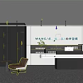 Modern Store Front Desk With Geometric Wall Panels Overhead Lighting And Brown Seating 3d model