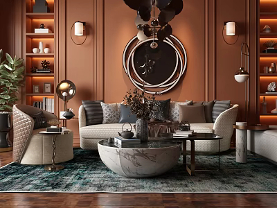 Modern Sofa And Coffee Table Set With Brown Walls Circular Mirror Chandelier And Area Rug 3d model