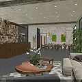 Rustic Restaurant Interior With Stone Wall Reception Desk Sofa Seating And Green Plants