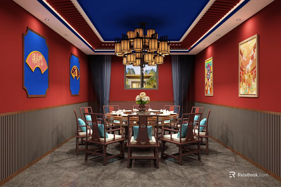 Chinese Style Private Dining Room With Red Walls Blue Ceiling And Round Table 3d model