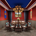 Chinese Style Private Dining Room With Red Walls Blue Ceiling And Round Table 3d model
