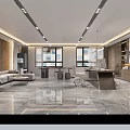 Modern Office Interior Design With Sofa Desk Computer Windows Bookshelves And Marble Floor 3d model