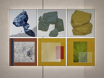 Set of Six Abstract Art Paintings With Blue Green Yellow Textures And Leaf Patterns 3d model