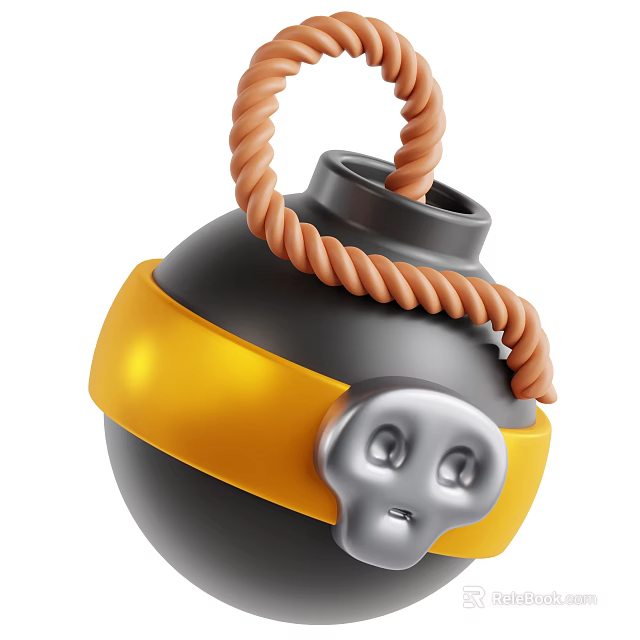 Grenade With Black Body Yellow Band Orange Twisted Fuse And Skull Symbol 3d model 