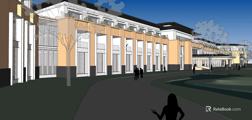 Modern Commercial Street With Modern Buildings Storefronts Pedestrian Area And People Walking 3d model 
