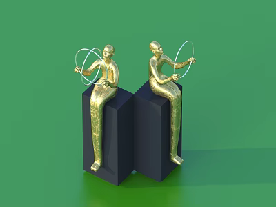 Golden Human Sculptures Sitting On Black Cubes Holding Circular Transparent Objects Against Green Background 3d model