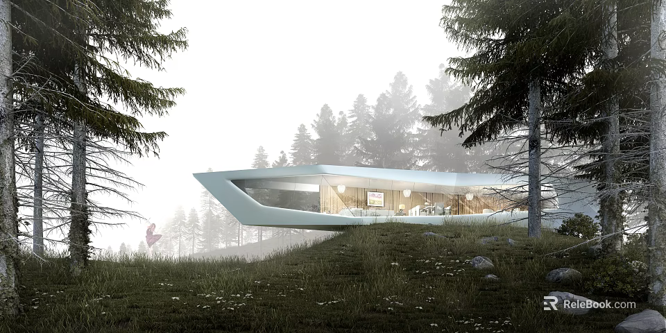 Modern Detached Villa on Hillside Surrounded by Pine Trees and Grassland With Large Windows 3d model 