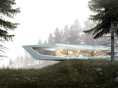 Modern Detached Villa on Hillside Surrounded by Pine Trees and Grassland With Large Windows 3d model
