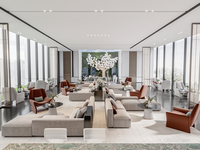 Spacious Modern Lounge Area Interior With Beige Sofas Brown Armchairs Greenery And Large Windows 3d model 